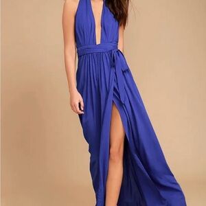 Lulu's Royal Blue Plunging Neckline and Backless Maxi Dress